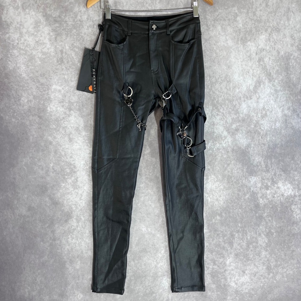 Punk Rave Skinny Pants Womens Small Black Coated Chain Heart Lock WK-466NCF‎ NEW